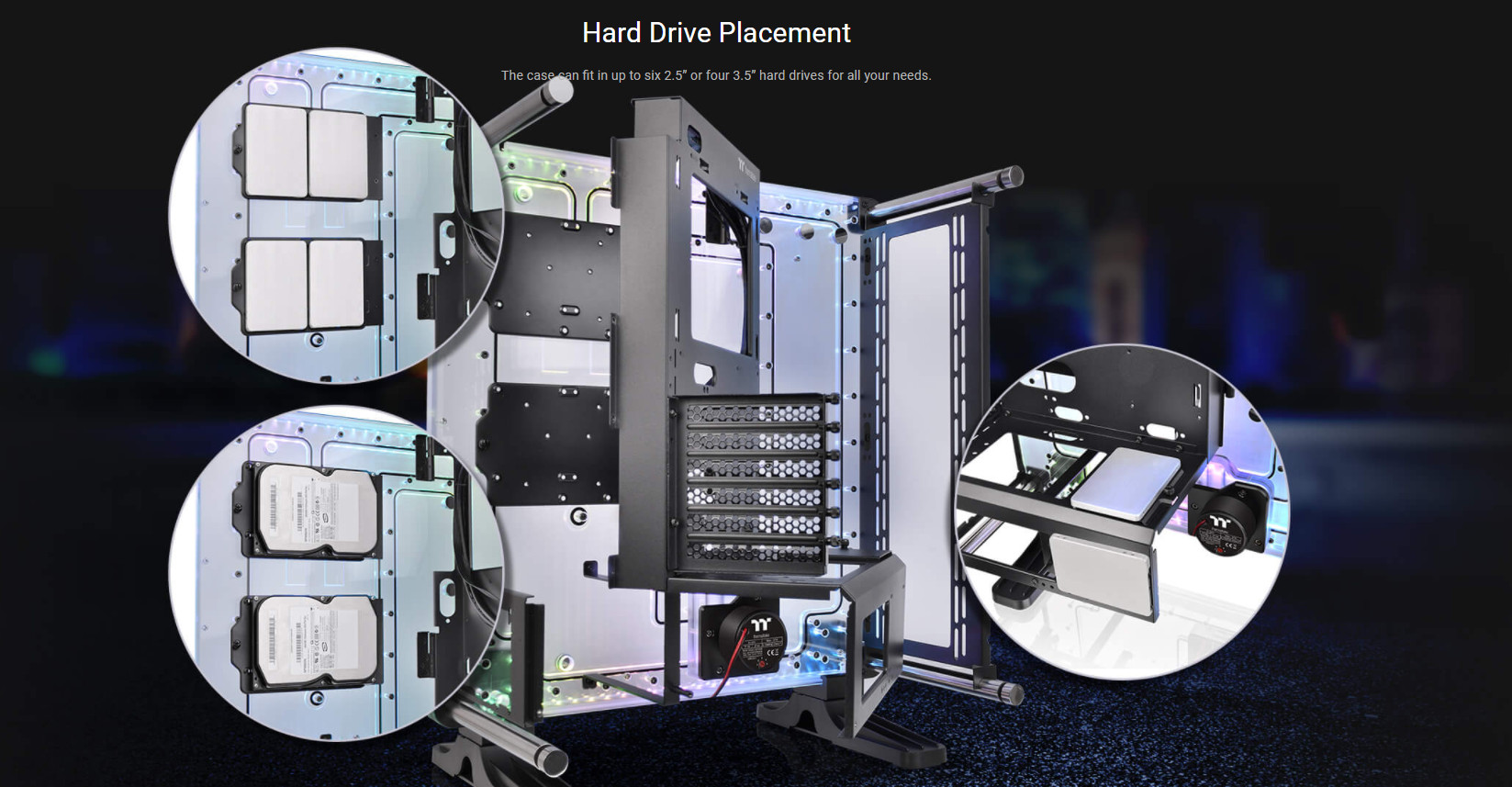 Vỏ Case Thermaltake DistroCase 350P Mid Tower Chassis có khả năng hỗ trợ ổ cứng đa dạng