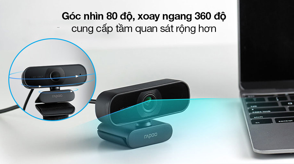 Webcam 1080p Rapoo C260 - Chia sẻ tầm quan sát rộng với góc nhìn 80 độ, góc ngang xoay 360 độ