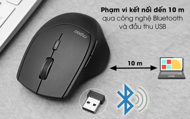 Chuột Không dây Bluetooth Rapoo MT550 Đen - Khoảng cách dùng xa tới 10 m nhờ có công nghệ kết nối không dây Bluetooth và đầu thu USB 
