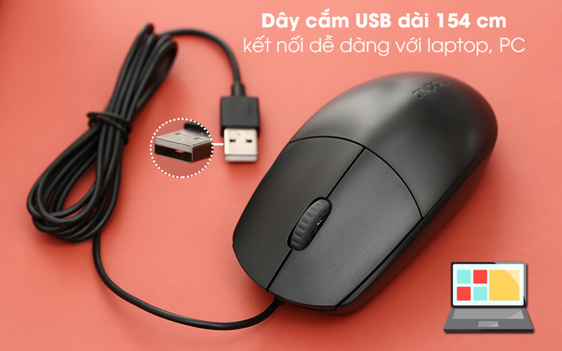 Chuột Có Dây Rapoo N100 Đen - Đầu cắm USB, dây dài 154 cm